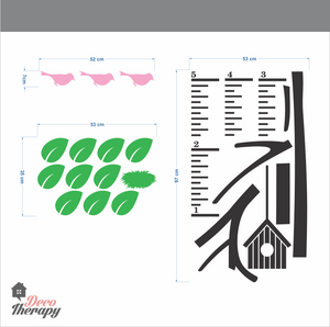 Height Chart Tree Birdhouse - Light Green Leaves Wall Sticker